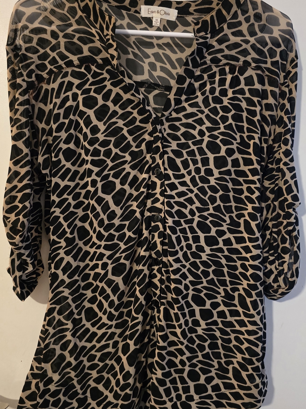 Eden & Olivia Black and Tan Abstract Animal-Print Button Down Top